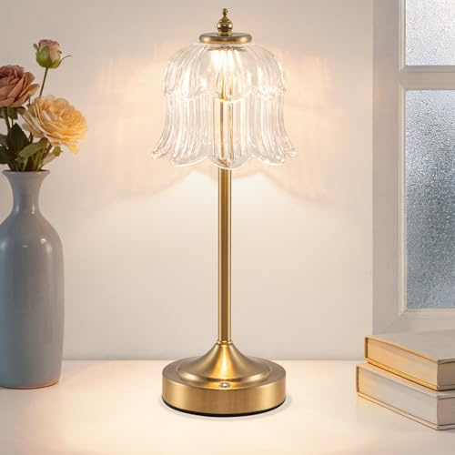 EIDEARAY Retro Rose Tischlampe Kabellos, Wiederaufladbar mit 6000mAh Akku, 3 Farbtemperaturen Dimmbar, Tragbare LED-Tischlampe für Esszimmer, Schlafzimmer,Bartheke(Transparent)