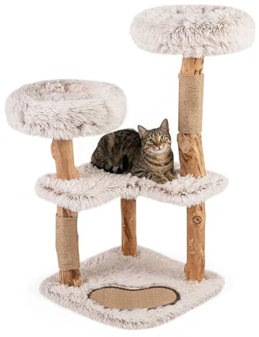 COSTWAY Kratzbaum Holz, 101 cm, Katzenbaum mit Kratzpfosten aus Massivholz und Jute, Kratzmatte, 2 Plüschsitzflächen & 2 großer Platformen, Katzenturm Katzenmöbel, Katzenkratzbaum Kletterbaum Katzen