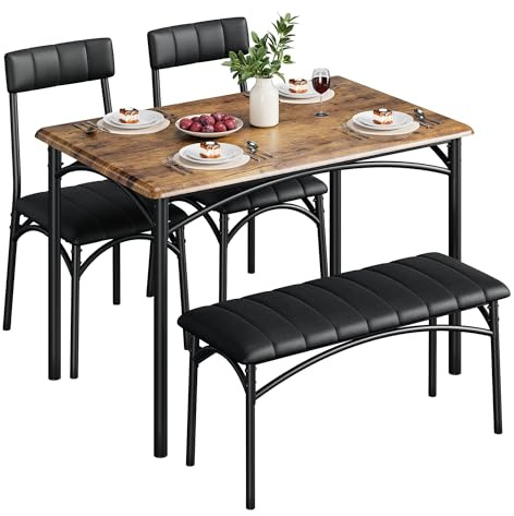 Crevyteg Space-Saving 4-Piece Dining Table Set Modern Industrial Kitchen Table with 2 Chairs and Bench for 4 Seater Dining Room Small Spaces