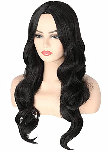 Topcosplay 24 inch Lange Schwarz Perücke für Frauen, Lange gewellt Perücke Hitzebeständiger Kunstfaser Wie Echthaar Lockig Perücke für Karneval Fasching Cosplay