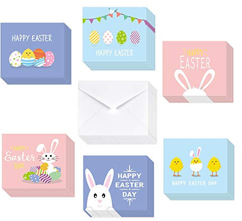 TUPARKA 36er Pack Frohe Ostern Karten 2022, Ostern Grußkarten Sortiment, Frühling Grußkarten mit 36 Umschlägen für Kinder, 6 Entworfen