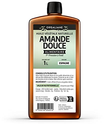 Huile d'Amande Douce -Orgaliane - 1 Litre - 100% Naturelle - Sans OGM - Pression à froid