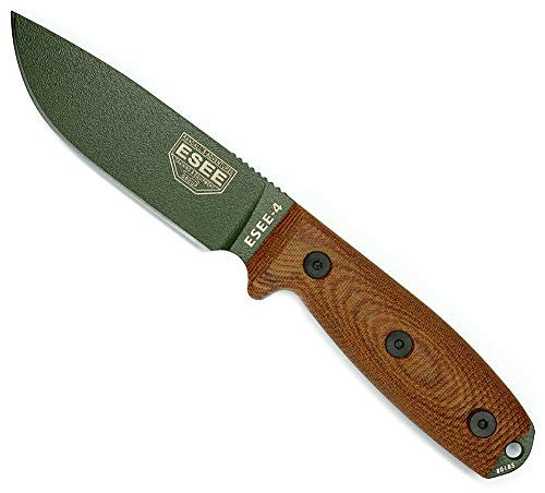 ESEE 4 acier au carbone 1095, gaine noire (lame verte OD, poignée Micarta 3D en toile naturelle)