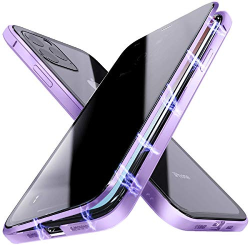 Anti-Peep Magnetic Adsorption Case Compatible for iPhone 11 Pro Max Metal Bumper Privacy Magnetic Case Double Sided Anti Spy Tempered Glass 360 Degrees Full Screen Protection Privacy Cover,Purple