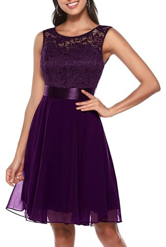 Berylove Femme Robe de Cocktail Courte Top Dentelle Jupe Mousseline Swing pour Bal Mariage BLP7005 B-Grape-3XL