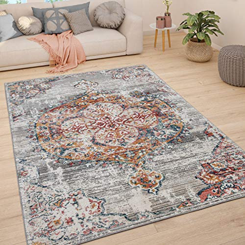 Paco Home Teppich Wohnzimmer Kurzflor Schlafzimmer Moderne Vintage Orient Ornament Muster Pastell Bordüre, Grösse:200 cm Rund, Farbe:Anthrazit