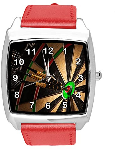 Quadratische Armbanduhr für Dart-Fans, Leder, Rot