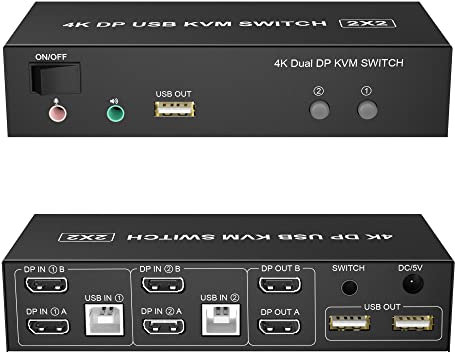 KVM Switch Dual Monitor DisplayPort 4K@60Hz Extended Display, Displayport 1.2 KVM Switch 2 in 2 Out mit Audio Mikrofon Ausgang und 3 USB 2.0 Hub 2 Monitore 2 Computer KVM Switch