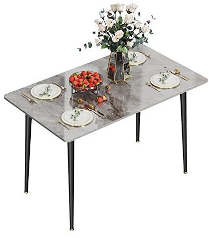 FATIVO Esszimmertisch Marmor Esstisch 120x70cm, Küchentisch klein 4 Personen schmaler Esstisch einfach Wohnzimmer Grau Hochglanz Skandinavisch Tische für Esszimmer Restaurant Metall Tischbeine