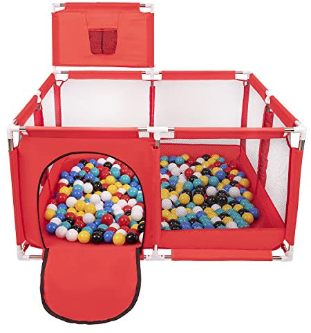 Selonis Laufstall Mit Korb Und 100 Bälle Laufgitter Für Kinder, Rot:Schwarz/Weiß/Blau/Rot/Gelb/Türkis