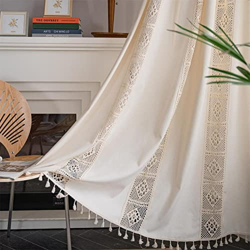 SAYT RLAE Vorhang Boho Blickdicht Vorhänge Beige Baumwolle Leinen Gardinen mit Quasten und Häkeln Stricken Vertikale Streifen Makramee für Wohnzimmer Landhaus Vintage Style, 1 Stück, B150xH240cm