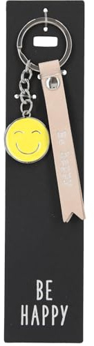 Depesche 11807-101 Vergiss mich nicht Schlüsselanhänger, gezacktes Schildchen aus Leder mit Be happy, Cremefarben, inkl. Metallanhänger im Smiley-Form mit Emaille