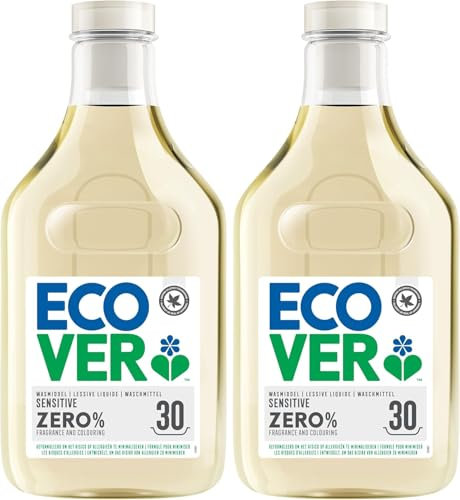 Ecover ZERO Flüssigwaschmittel (2 x 1,5 L/ 60 Waschladungen), Ecover Waschmittel mit pflanzenbasierten Inhaltsstoffen, Sensitiv Waschmittel für Allergiker und empfindliche Haut