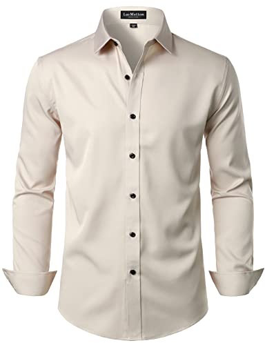 LucMatton Men's Stylish Stretch Wrinkle-Free Dress Shirt Formal Long Sleeve Slim Fit Button Down Shirts for Wedding Party Tan Small