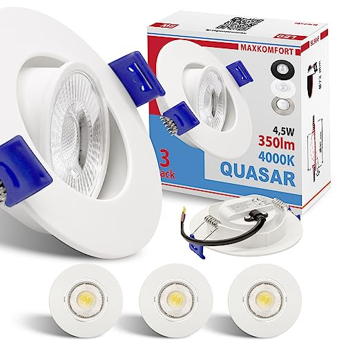 Maxkomfort 3er Set LED Einbaustrahler Weiß - Schwenkbar & Ultraflach, Neutralweiß 4000K, Deckenspots IP20, Einbauspots Ø90mm
