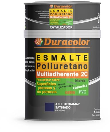 Esmalte al Poliuretano Multiadherente Satinado Duracolor | Pintura para Metales, Madera, Bañeras, Azulejos y Sanitarios | Resistente y Duradero (600 ml + 150 ml, Azul Ultramar RAL 5002)