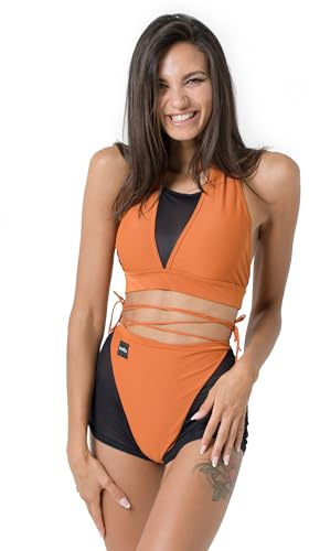 Invertika Set für Damen, einzigartiges Pole Dance Sport-Top und Shorts mit Netzstoff und verstellbarem Beinausschnitt mit Schnürsenkeln. Hergestellt in Italien, Orange, M