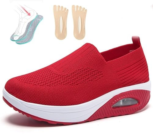 PTKG Orthopädische Schuhe Damen Sommer Sneaker, 2023 Neu Luftpolster Mesh Diabetiker Turnschuhe Mit Luftkissen, Weich Bequeme Slip on Walkingschuhe Sandalen Sportschuhe,Rot,39EU