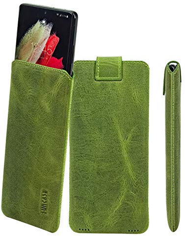Suncase Echt Ledertasche kompatibel mit Samsung Galaxy S24 Plus 5G Tasche *Slim-Edition* Leder Etui (mit Rückzugsfunktion und Magnetverschluss) in antik Kiwi grün