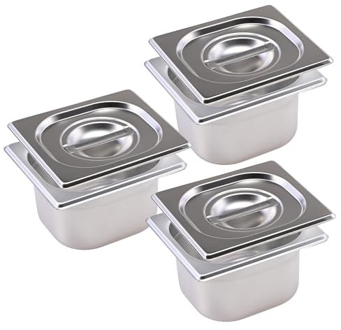 TeknoStahl Profi Aufbewahrung Komplettset groß - 3x GN 1/6 100 mm mit Deckel für Lebensmittel - EDELSTAHL