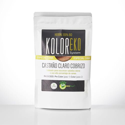 KOLOREKO Tinte natural CASTAÑO CLARO COBRIZO - Pack DÚO especial canas - precolor COBRE + tinte CASTAÑO CLARO