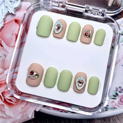 Light Luxury Handmade Nails Green Matte Square Short Press on Nails Tips Nail Art Decoration for Women and Girls Manicure 10PCS (XS)