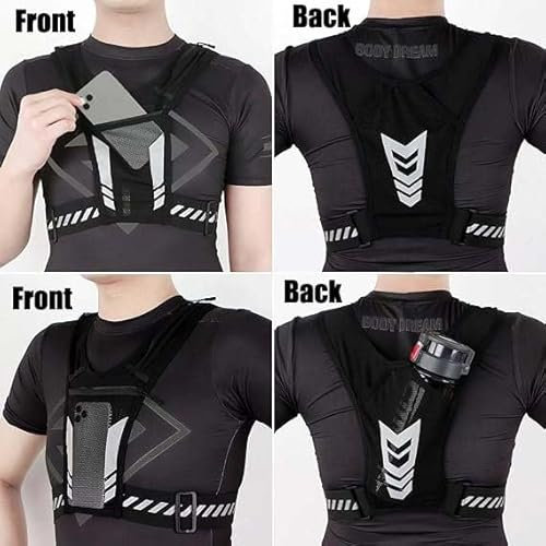Yerleomit Laufweste Reflektierende Running Vest mit Trinkflasche Verstellbarer für Damen Herren Laufweste mit Getränkehalter Jogging Weste Trinkrucksack Laufen Joggen Zubehör für Alle Smartphones