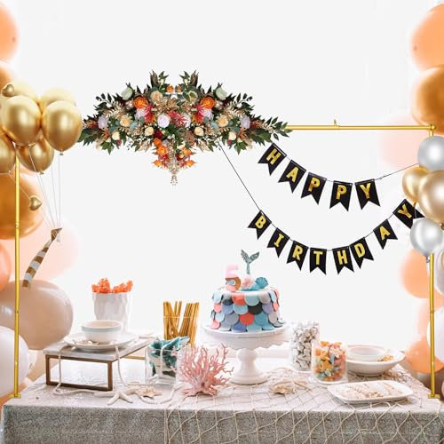 QCBF Over The Table Rod Stand with Clamps 35-47'' Tall 47-85 Length Metal Adjustable Table Arch for Wedding Birthday Party Anniversary Christmas Decoration Supplies(Gold)