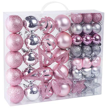 60er Set Weihnachtskugeln Rosa und Silber, Christbaumkugeln Kunststoff Set, Weihnachtskugeln Ornamente mit Baumkronensterne, Weihnachtsbaumkugeln für Weihnachts Dekoration