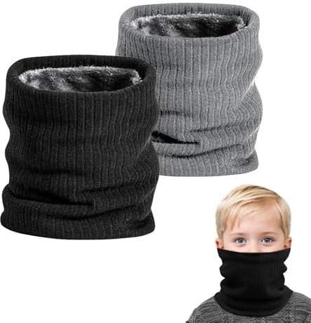 SEFIRST 2 Pièces Tour de Cou pour Enfants, Polaire Cache Cou, Gaiter Masque Cagoule Cache-Cou Hiver écharpe Coupe-Vent Ski Élastique Épais Snood pour Moto Ski Marche Course Voyage, Noir et Gris Clair