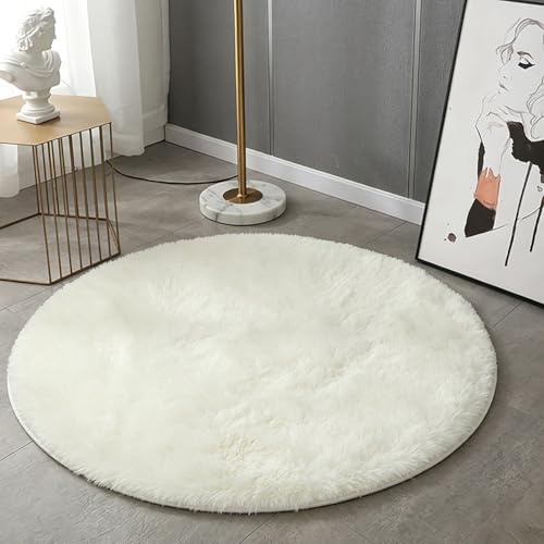 HARESLE 90cm Runder Teppich Creme Flauschiger Teppich für Schlafzimmer