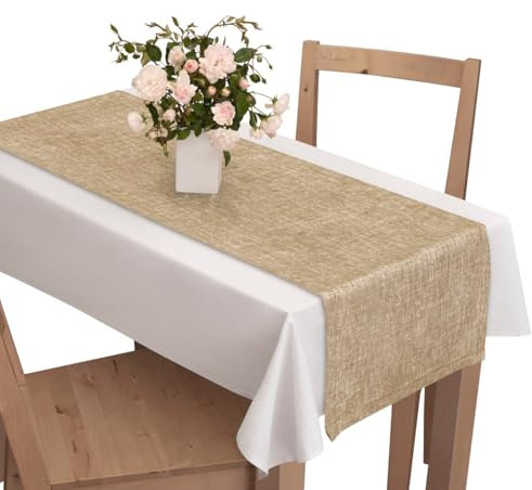 Voppi Tischläufer Leinen Muster beige 40 x 110 cm Deko Tischdecke Rustikal für Esstisch Küche Wohnzimmer