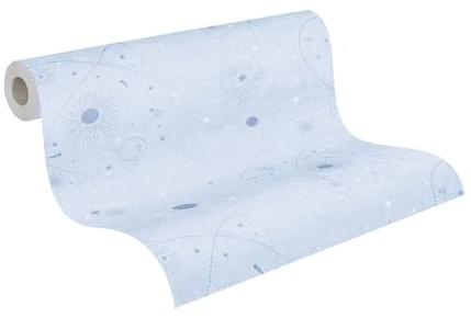 A.S. Création Weltall-Vliestapete für Kinder – Blau, Weiß – 10,05 x 0,53 m | Verspieltes Weltall-Motiv als fröhliches Wandmotiv – matte Motivtapete, einfach zu verkleben & spurlos abziehbar