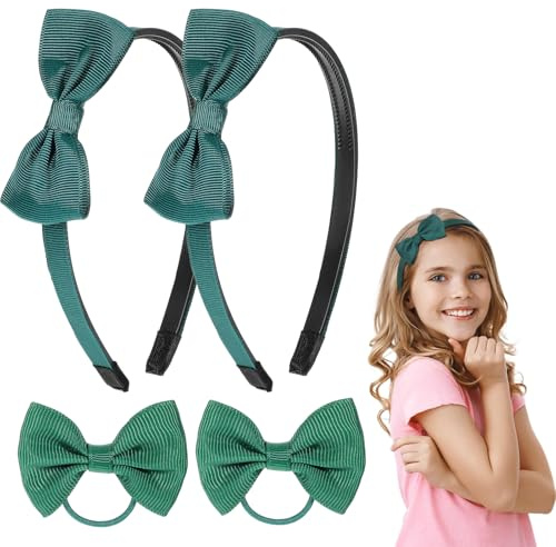Oruola 2pcs School Bows Green Headband Alice Bands,Green School Hair Accessories Kit,Greens Hair Band with 2 Ribbon Bow Hairs Barrettes for Little Girl Toddlers Teens Birthday Present