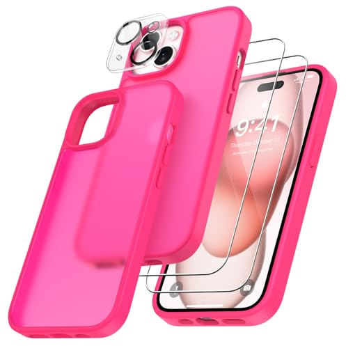 FLLAO 4 in 1 für iPhone 15 Hülle, Leuchtend Rosa | 2 Schutzfolie und 1 KameraSchutz, Integriertes Luftkissen, Stoßfest Kratzfest Weich TPU Handyhülle, Transparent Schutzhülle