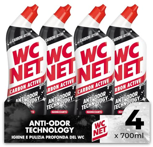 Wc Net – Carbon Active Anti-Odor, Detergente Liquido per WC con Carboni Attivi, Contrasta i Cattivi Odori del WC, 700ml x 4 Confezioni | Formula ad alta efficacia pulente, con carboni attivi e tecnologia anti-odore