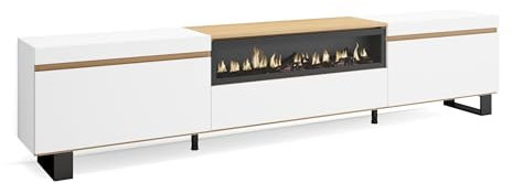 Skraut Home | Meuble TV | Banc Télé | Grand Espace de Rangement | 260x57x35 cm | TV Grand Format | Cheminée électrique | Design Industriel | Style Moderne | Blanc et Chêne Soft
