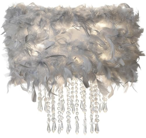 Feder-Lampenschirm mit Acrylperlen, flauschiger Lampenschirm für Deckenanhänger, Tisch-, Boden- und Wandbeleuchtung, Mädchen-Schlafzimmer-Dekor, ID 40 cm, OD 50 cm, Grau