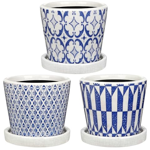 Oairse Small Ceramic Pots for Plants, 12cm Blue and White Plant Pot Indoor with Drainage & Saucer Set of 3 Ceramic Planters for Indoor Plants Succulent Pot Decorative Flower Pots for Cactus, Orchid