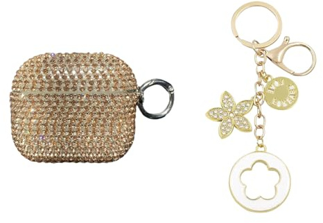 Custodia glitterata con diamanti compatibile con Airpods 4, collina glitterata per 4a generazione Pc con quadrifoglio a cinque foglie, ciondolo a forma di fiore, ridotto ingiallimento per ragazze e