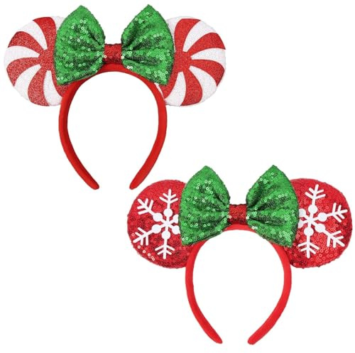 Weihnachten Maus Ohren Stirnbänder 2 Stück Weihnachten Ohren für Frauen Erwachsene Kinder Weihnachten Stirnbänder Park Ohren Cosplay Kostüme Party Zubehör(rote Süßigkeiten und rote Schneeflocken)