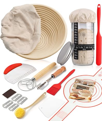 10-teilig Sauerteig Starter Set mit Gärkörbchen Rund mit Gärtuch Sowie Gärglas mit Spatel und Bäckermesser, Brot Backen Zubehör, Sauerteig-Glas, Handgefertigtes Rattan von Indonesien Gärkorb