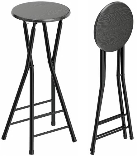 HOMCOM Set 2 Sgabelli Bar Pieghevoli Alti Rotondi con 2 Poggiapiedi Nero | Sgabelli Cucina, Struttura in Legno e Acciaio, Sedie Bar Alte per Penisola