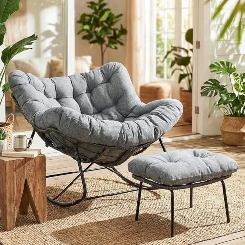 LIFERUN Schaukelstuhl mit Rattan Set, Ei-Schaukelstuhl mit Hocker, Schaukelsessel Oversized, wetterfeste, mit dickem Abnehmbar Polster, Belastung von 150kg, Loungesessel für Garten Balkon Wohnzimmer