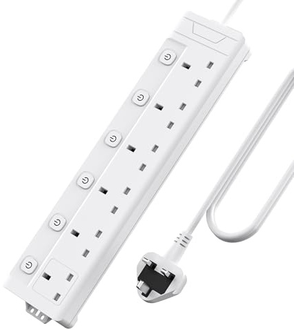 6 Way Extension Lead 1M, Individually Switched and Indicator Lights Extension Cable Power Strip Wall Mountable 6 Plug Socket Extension White 1 Metre Extension Cord, For Home Dorm Office Multi Plug