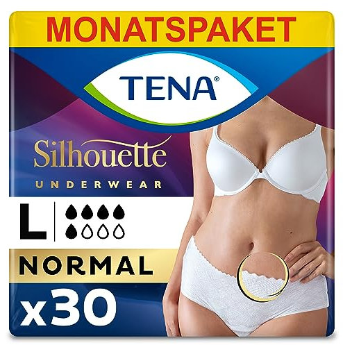 TENA Silhouette Normal Blanc - 30 Einwegslips im Monatspaket (6 x 5 Stück) - Design Einweg-Höschen für Frauen - bei mittlerer bis starker Blasenschwäche und Inkontinenz - Weiß, Größe L