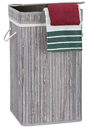 Relaxdays Wäschekorb Bambus, faltbar & tragbar, XL 70l mit Deckel, eckiger Wäschesammler, HxBxT: 63 x 36 x 36 cm, grau