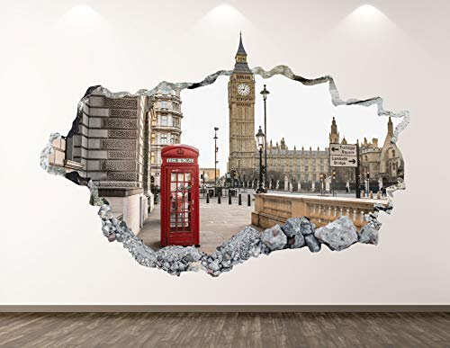 West Mountain Wandtattoo London Big Ben BL138 3D Smashed Red Phone Sticker Poster Kinderzimmer Wandbild individuelles Geschenk (76,2 cm B x 45,7 cm H)