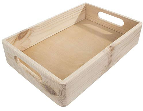 WooDeeDoo Shallow Wooden Storage Tray – Stackable Crate Unfinished Pine Box for Organising Craft Jars Hamper Gifts Cupboard Kitchen Supplies Drawers Office Tools DIY Projects – 29.5 x 19.5 x 7 cm