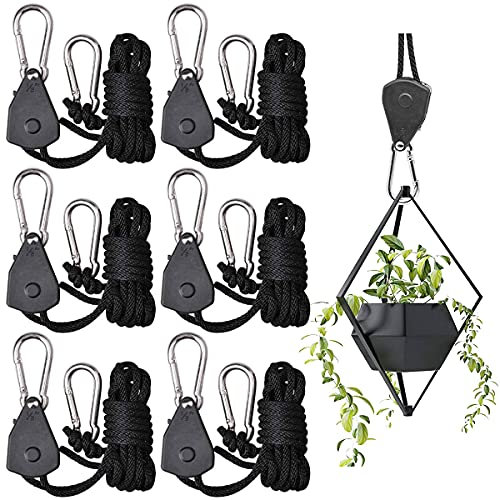 NC Seilratsche Rope Ratchet, DBAILY 6pcs Seilaufhänger Heavy Duty Seilzugratsche mit Metall Haken Schwarzes Seil Ratsche Kleiderbügel Aufhänger für Pflanzenlampe Kohlefiltern Zeltraum Camping Wandern